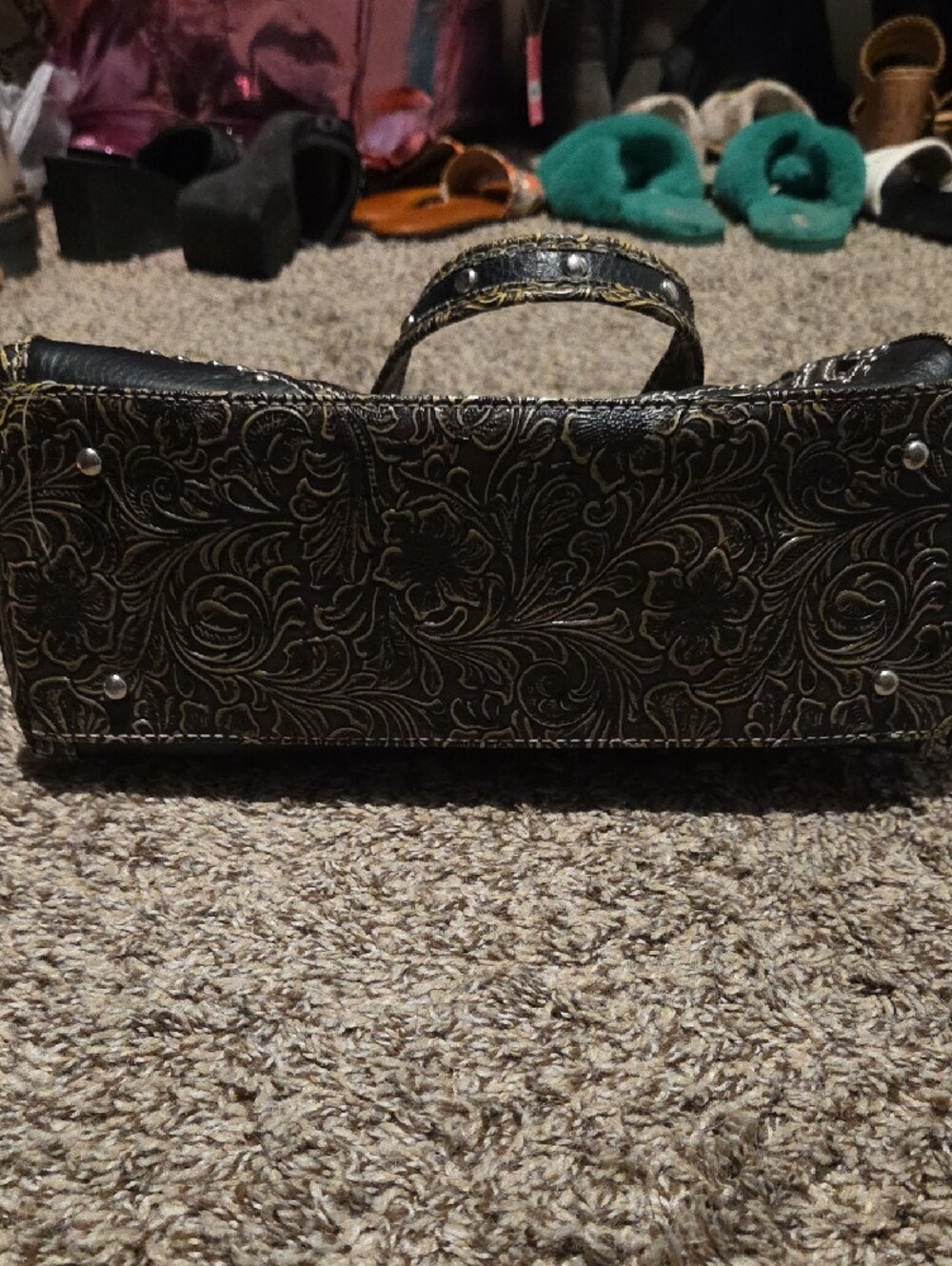 Cross Embellished Black Leather Handbag and Wallet - Picture 7 of 13